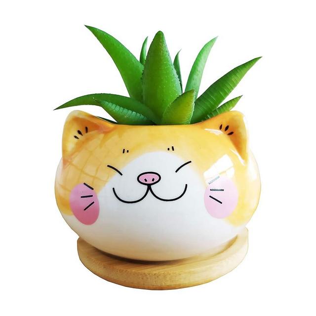 Cute 3.5 Inches Indoor Cartoon Animal Cat Shaped Ceramic Succulent Cactus Flower Plant Pots with Bamboo Tray (Plant Not Included) (Yellow)
