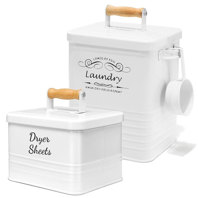 SSTATES Laundry Room Organization Set, Metal Laundry Detergent Pods Container and Dryer Sheet Holder with Lid, Laundry Powder Storage Bin with Scoop for Farmhouse Decor, (2 Pack, White)