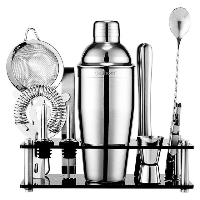 Delihom Cocktail Shaker Set Bartender Kit with Acrylic Stand 10-Piece, Premium Stainless Steel Bar Set with Cocktail Recipes Booklet for Home and Bar (Silver)
