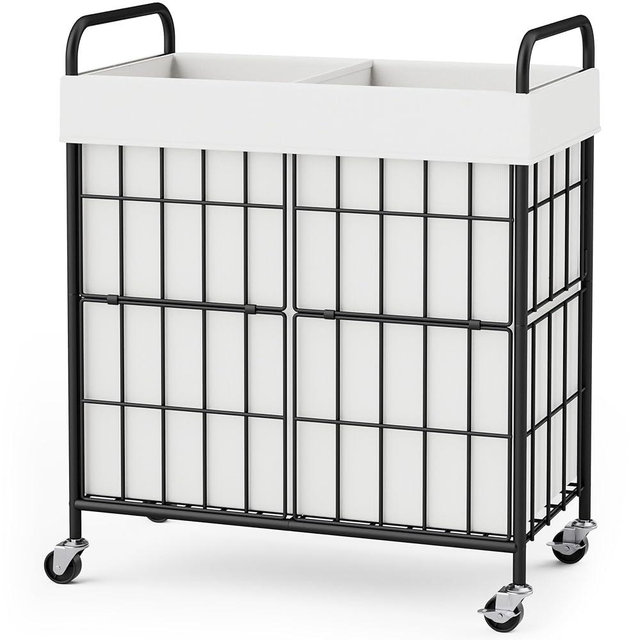 2 Section Laundry Hamper with Wheels and Brake, 100L Laundry Sorter Cart with 2 Removable Liner Bags, Metal Handle, Rolling Laundry Basket for Bedroom Laundry Room