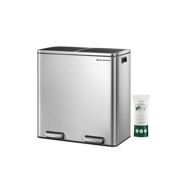 SONGMICS Trash Can, 2 x 8-Gallon Garbage Can for Kitchen, with 15 Trash Bags, 2 Compartments, Airtight, Silver and Black
