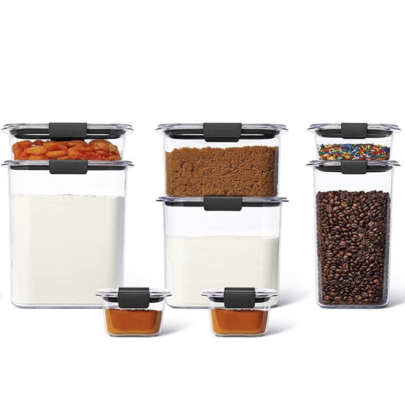 Rubbermaid 10-Piece Brilliance Food Storage Containers for Pantry with Salad Dressing and Condiment Containers and Lids, Dishwasher Safe, Clear/Grey