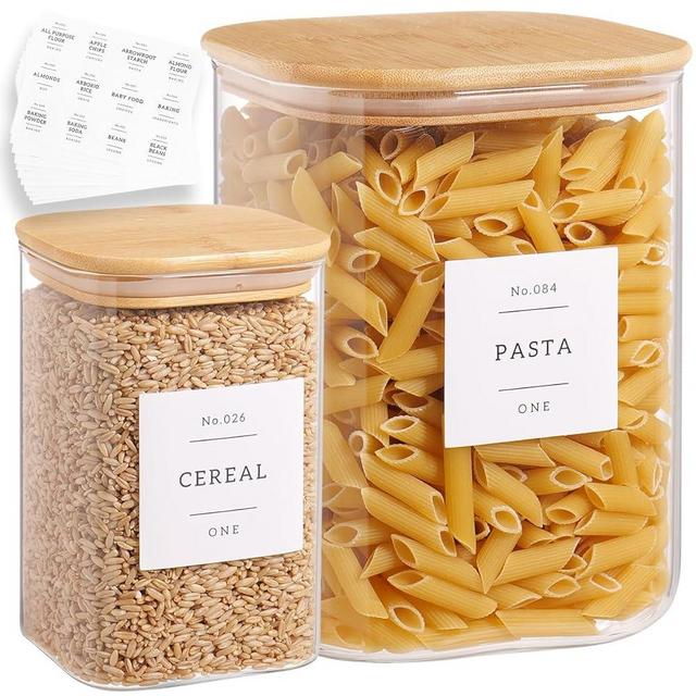 Glass Food Storage Containers with 132 Kitchen Pantry Labels, 110/37 oz Glass Flour and Sugar Containers with Airtight Lids, Large Square Glass Jars with Bamboo Lids for Rice, Pasta, Grains, Cookies