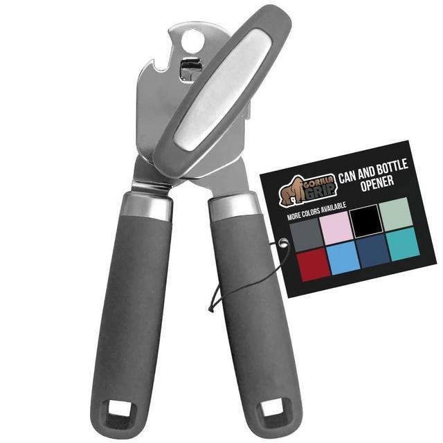 Gorilla Grip Manual Handheld Strong Can Opener, Sharp Cutting Wheel for Smooth Edge Cut, Comfortable Soft Handle, Oversized Easy to Use Turn Knob, Includes Built in Bottle Opener, Gray