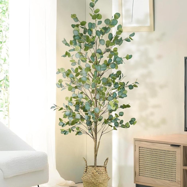 Faux Eucalyptus Tree 6FT, Artificial Potted Tree for Indoor Outdoor, Fake Floor Plants with Natural Wood Trunk, Home Office Living Room Bedroom Decor