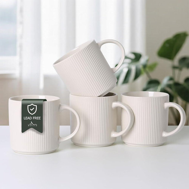 MONITO 16Oz Coffee Mugs Set of 4, Rustic Ceramic Coffee Cups Set with Large Handle, Vintage Striped Stoneware Coffee Mugs for Latte, Cocoa, Tea, Milk, Microwave & Dishwasher Safe, White