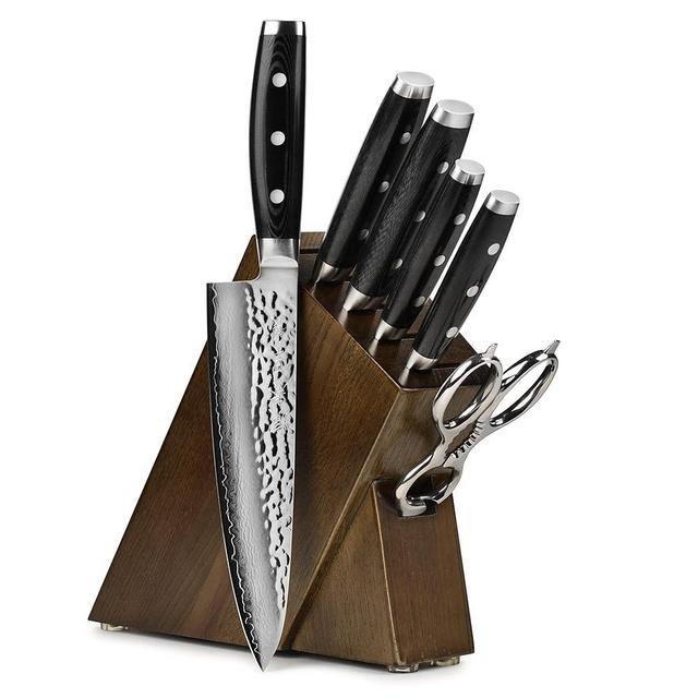 Enso Knife Set - Made in Japan - HD Series - VG10 Hammered Damascus Japanese Stainless Steel with Slim Dark Ash Knife Block - 7 Piece