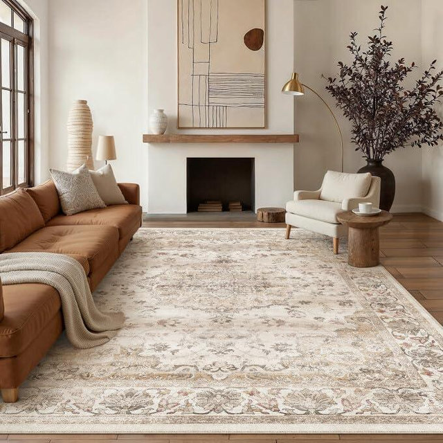 PureCozy Washable 8x10 Area Rug for Living Room Beige Vintage Large Rug Non-Slip Soft Low Pile Carpet Floral Stain Resistant Indoor Office Throw Rug for Bedroom Dining Room Nursery