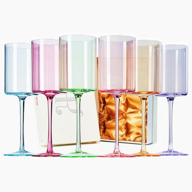 Khen Colored Square Crystal Wine Glasses Set of 6, Gift For Her, Him, Wife, Friend - Large 12 oz, Italian Style Tall Drinkware - Red & White, Dinner, Color Beautiful Glassware, Stemmed Glass