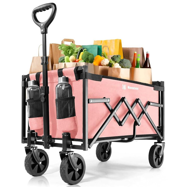 Navatiee Foldable Collapsible Wagon Cart, Utility Garden Wagon with 220lbs Weight Capacity, Heavy Duty Lightweight Portable Wagon for Outdoor, Grocery, Camping, Sport, Pink