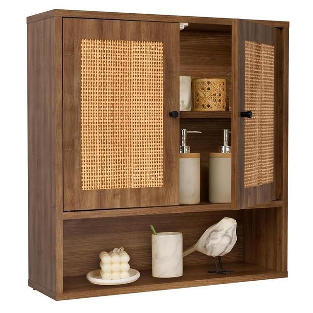 Wall Cabinet,Rattan Cabinet Boho Chic Bathroom Medicine Cabinet Over The Toilet Storage 3-Tier Cabinet Wall Mount with Double-Door for Kitchen,Dining Room,Living Room Storage