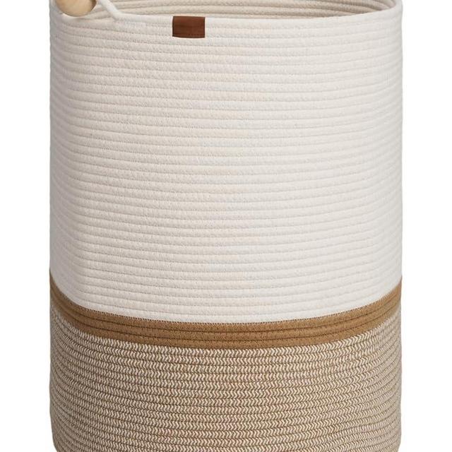 StorageWorks 72L Woven Laundry Basket with Wooden Beads Handles, Tall Storage Basket for Blanket, Dirty Clothes, Clothes Hamper, White & Khaki
