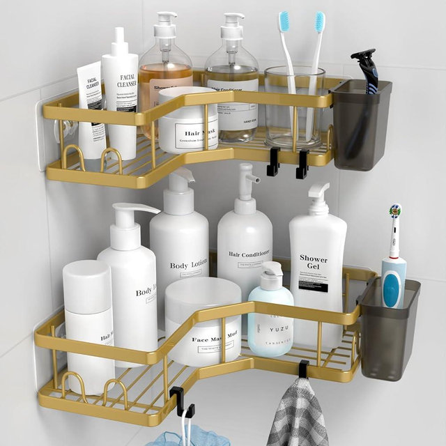 AKTECKE Corner Shower Caddy Organizer Shelf 2Pack Adhesive Shower Corner Organizer Shelves, No Drilling Stainless Steel Shower Storage Rack with Hooks&Toothpaste Holder for Bathroom Kitchen