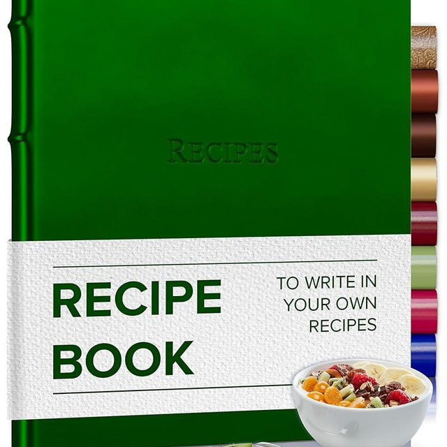 Gallery Leather Recipe Book to Write in Your own Recipes - 3 Ring Recipe Binder with Plastic Sleeves, Blank, 25 Pocket Pages and Ivory Cards, Fillable - Freeport Metallic Hunter - 9.25 x 8