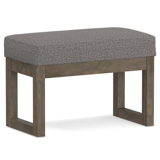 SIMPLIHOME Milltown Small Ottoman Bench - 27" Wide x 18" High Upholstered Tweed Look Fabric Rectangle Footstool Ottoman in Pebble Grey, Contemporary Bench for Bedroom with Cushioned Seat, Assembled