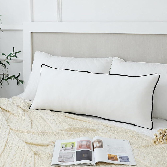 LIGICKY Long Lumbar Pillow Cover 16x36 inch White Velvet Black Rope Edging Throw Pillow Covers Decorative Rectangular Body Pillow Case Accent Textured Cushion Cover for Bed Couch(Cover Only)