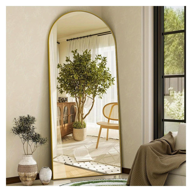 BEAUTYPEAK Arched Full Length Mirror with Stand, Bedroom Floor Mirror