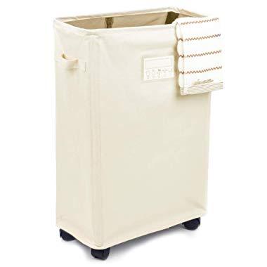 Caroeas Laundry Basket on Wheels, Slim Laundry Hamper Collapsible with Note Cards Waterproof Corner Hamper with Lid Breathable Mesh Cover (Slim 22",Beige)