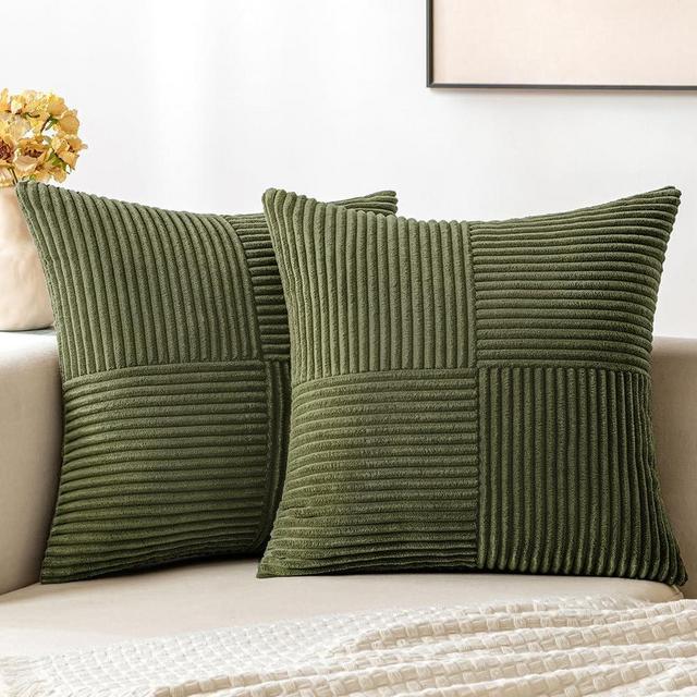 MIULEE Olive Green Corduroy Pillow Covers Pack of 2 Boho Decorative Spliced Throw Pillow Covers Soft Solid Couch Pillowcases Cross Patchwork Textured Cushion Covers for Living Room Bed Sofa 24x24 inch