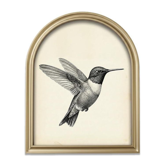 TwoDays Gold Vintage Hummingbird Arched Wood Framed Wall Art – Nature Bird Canvas Picture for Home Aesthetic Wall Decor, Cottagecore Farmhouse Artwork Prints for Living Room, Bedroom (11" x 13.8")