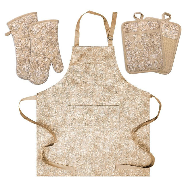 Oven Mitts and Pot Holders with Cooking Apron set of 5, Heat Resistant Kitchen Gloves and Silicone Non-Slip Potholders, Adjustable Neck Buckle Chef Apron, Cotton Nice Design for Cooking (Tawny)