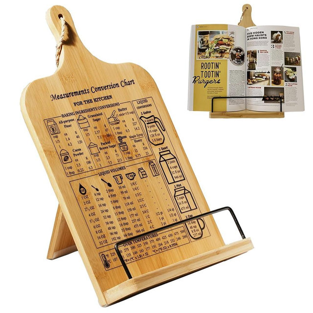 Cookayler Bamboo Cookbook Stand with Measurement Conversion Chart,Adjustable Recipe Book Holder, Sturdy Cook Book Stand for Kitchen Countertop,Foldable Tablet Stand,Housewarming Gift for New Home