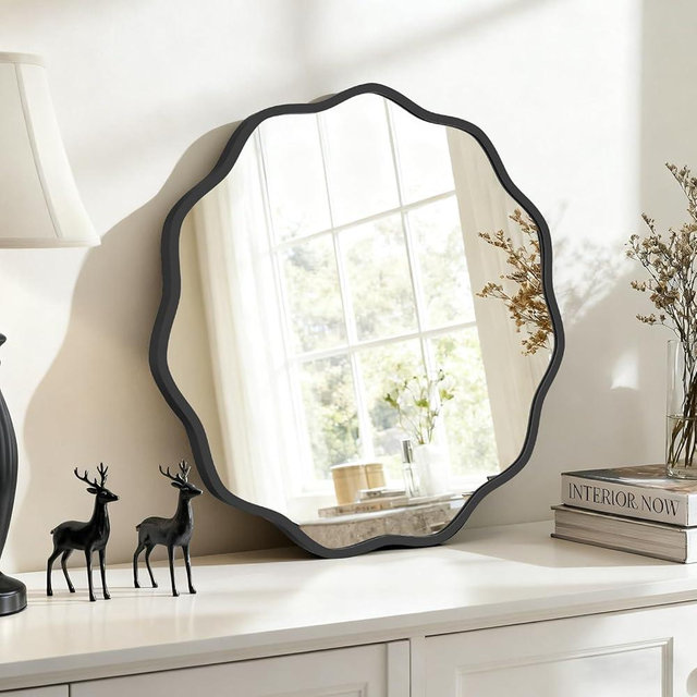 HOMECOOKIN 24" Wavy Round Wall Mirror, Black Scalloped Circle Mirror Edge Round with Metal Frame, Modern Decorative Hanging/Leaning Mirrors for Bathroom, Hotels, Hallway, Entryway, Vanity, Office