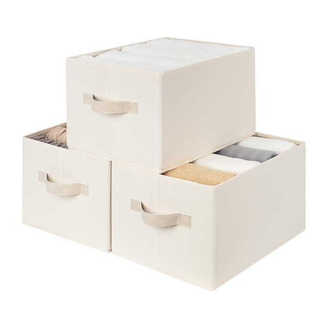 StorageWorks Storage Baskets for Shelves, Foldable Fabric Closet Storage Bins with Handles, Fabric Storage Bins Clothes Organizer, Beige, 3-Pack, Large