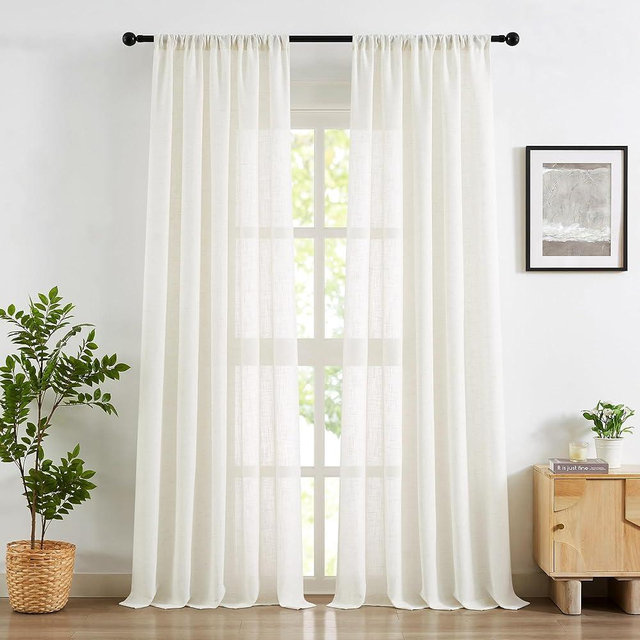 Treatmentex White Semi Sheer Curtains for Living Room 52 x 84 Long Flax Linen Blend Light Filtering Pricacy Window Drapery for Bedroom 2 Panels Rod Pocket
