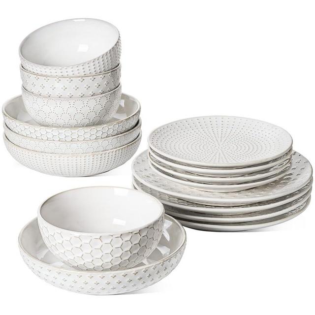 LE TAUCI Dinnerware Sets 16 Piece, Ceramic Plates and Bowls Set, House Warming Wedding Gift, Serve for 4 (10" Dinner Plates + 8" Salad Dish + 22 oz Cereal Bowl+32 oz Pasta Bowls) x 4, Arctic White
