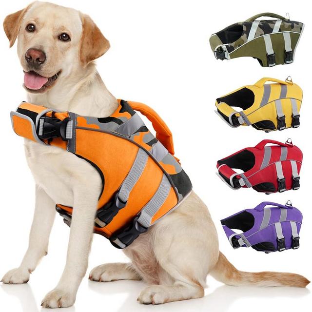 Kuoser Dog Life Jacket with Reflective Stripes, Adjustable High Visibility Dog Life Vest Ripstop Dog Lifesaver Pet Life Preserver with High Flotation Swimsuit for Small Medium and Large Dogs
