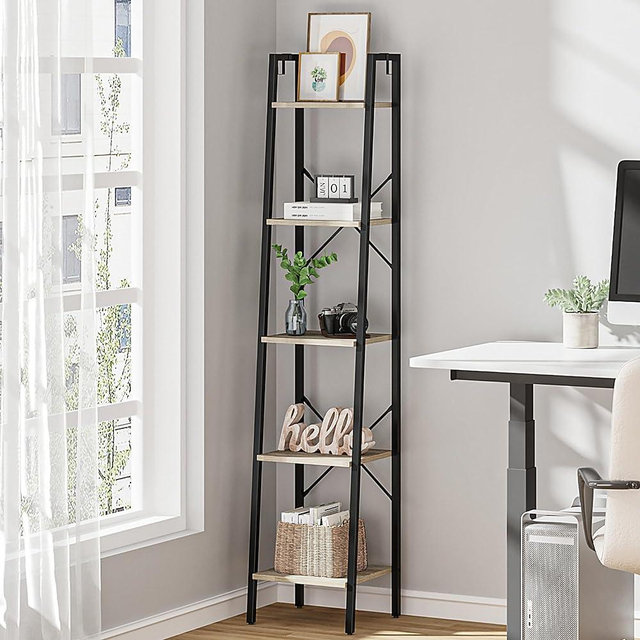 Hzuaneri 5-Tier Ladder Shelf, Narrow Bookshelf, Corner Storage Shelves, Freestanding Bookcase with 2 Hooks for Home Office, Living Room, Kitchen, Bedroom, Industrial, Greige and Black BC03205B