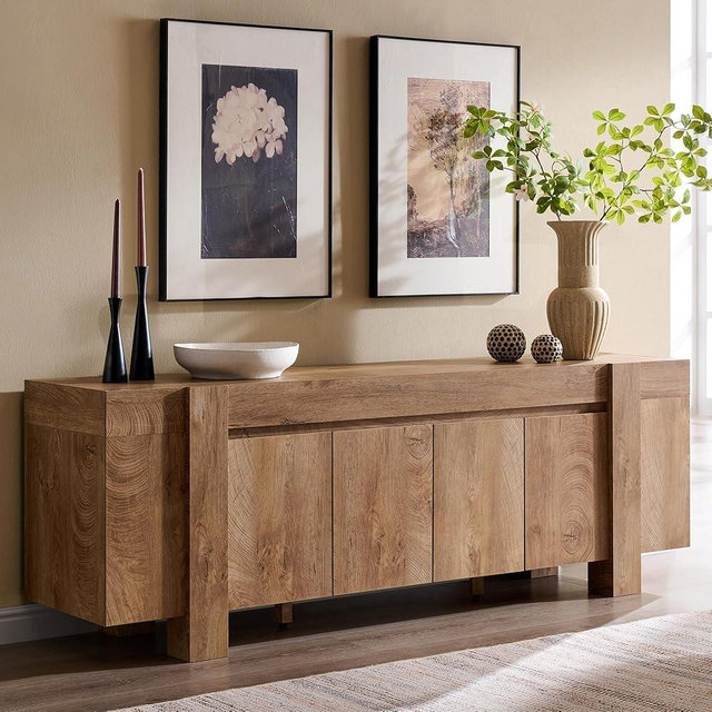 OKD Modern Farmhouse TV Stand, 70" Long Media Console Table with Storage Cabinet, Wooden Entertainment Center for Living Room, Light Knotty