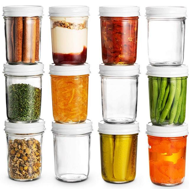 Glass Mason Jars Full Mouth - 8 Ounce - Glass Jars with Metal Airtight Lids Perfect Meal Prep, Food Storage, Canning, Drinking Jars, for Jelly, Jam, Dry Food, Spices, Herbs, Salads, Yogurt, (12 Pack)