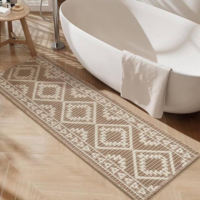 PADOOR-Waffle Bathroom Runner 24"x72", Super Absorbent Bath Mats for Bathroom, Machine Washable Non Slip Bath Rug with Tassels, Soft Bath Mat for Laundry Room, Bedroom, Brown & Cream, 2'x 6'