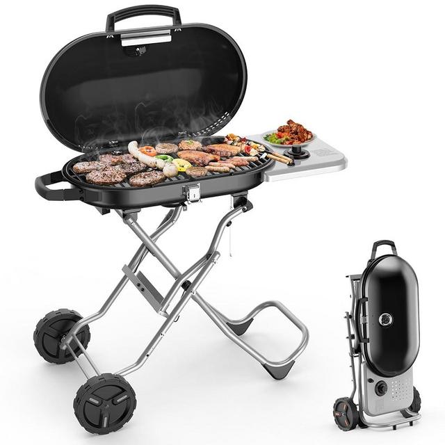 Joy Pebble Portable Propane Gas Grill, 15000BTUS,BBQ Gas Grill with 348 SQ Inch Large Cooking Areas, Sturdy Quick-Fold Legs, Portable & Foldable BBQ Grill for Outdoor Camping/Tailgating/Picnic, Black