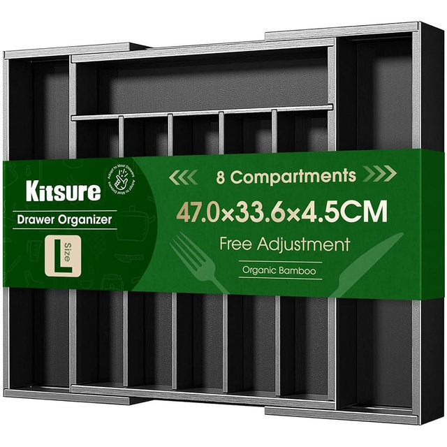 Kitsure Silverware Organizer - Expandable Bamboo Kitchen Drawer Organizer for Cooking Utensils and Cutlery, Sturdy & Thickened Kitchen Organizers and Storage Solution, Large, Black