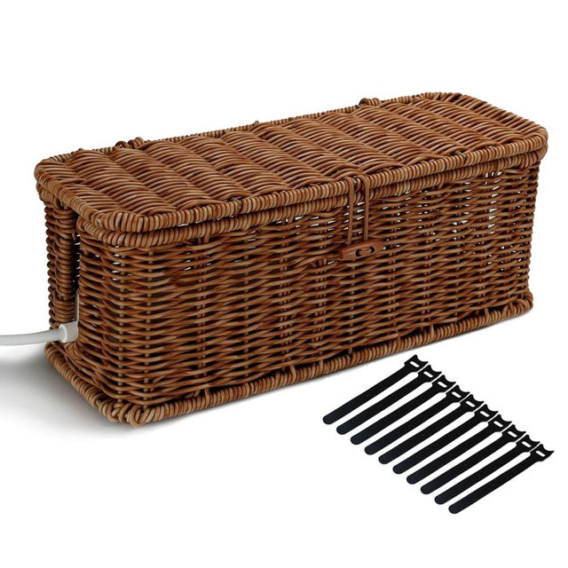 Cable Management Box, Desk Handwoven Rattan Cord Hider Organizer Box With Lid Button Lock, Power Strip Holder Decorative Box, Floor Cord Surge Protector Storage Box