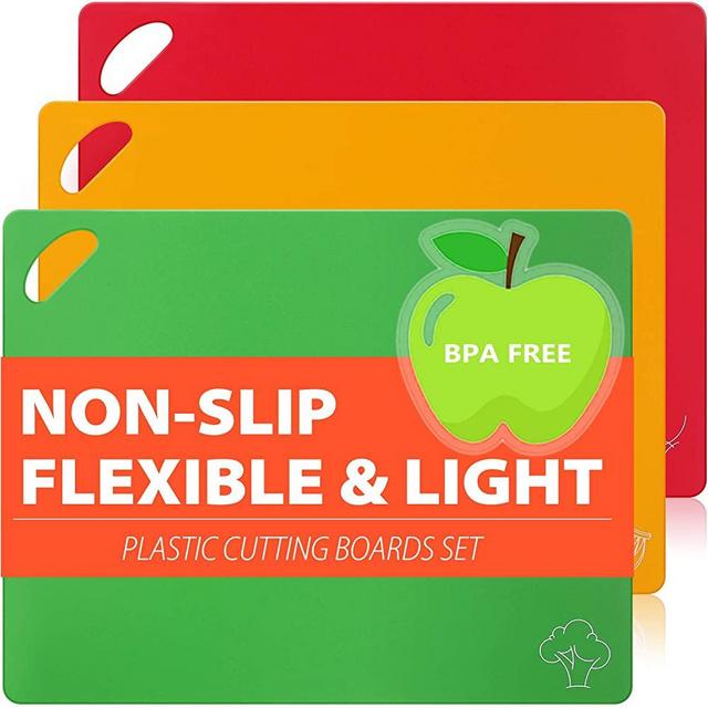 Flexible Plastic Cutting Board Mats Set for Kitchen, Thicker Cutting Sheets with Dishwasher Friendly, No-Porous, BPA-Free, EZ-Grip Handle (Set of 3 Colorful Food Icons) by CHIENTUNG