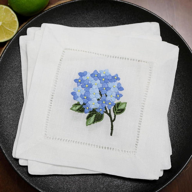 Lauusiusi 100% Linen Cocktail Napkins White with Gifting Package Set of 6 Hand Embroidered Hydrangea 6"x6" Reusable Mini Cloth Hemstitched Coasters for Birthday Wedding Garden Party Present Blue