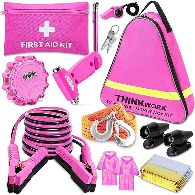 THINKWORK Car Emergency Kit for Teen Girls and Lady's Gifts, Pink Emergency Roadside Assistance Kit with 10FT Jumper, First Aid Kit, LED Flare, Deer Whistles, and More Ideal Pink Accessories Tool