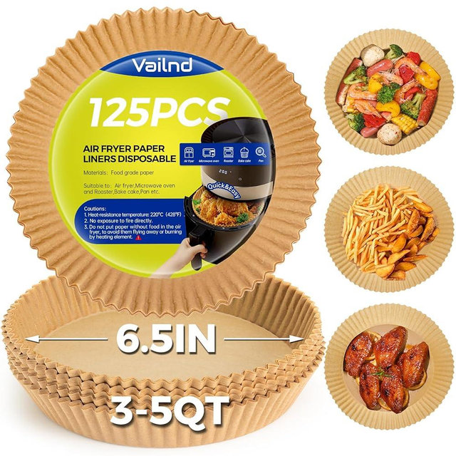Air Fryer Paper Liners: 125Pcs Air Fryer Disposable Paper Liner, Oilproof Waterproof Airfryer Paper Basket Bowl Liner Round (6.5inch)