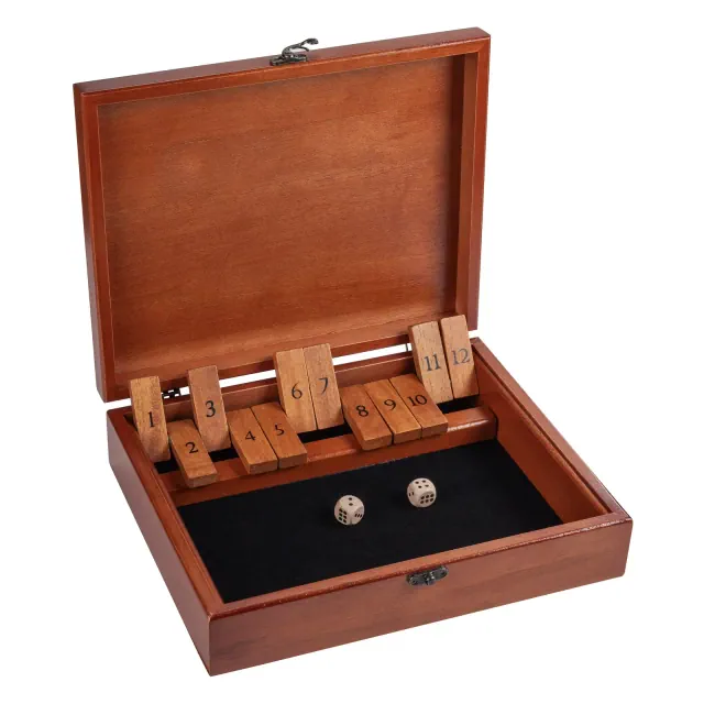 WE Games 12 Number Shut the Box Board Game- Cherry Stained Wood Box with Lid
