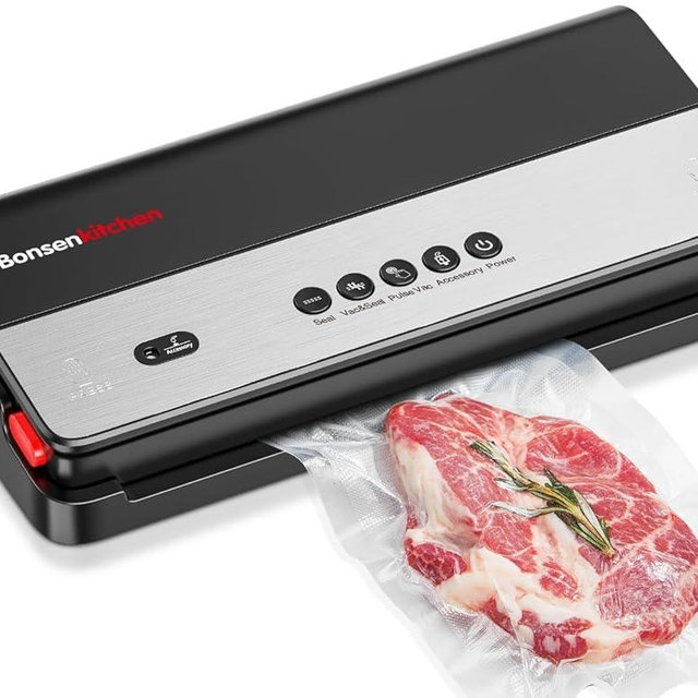 Bonsenkitchen Vacuum Sealer, Multi-Functional Food Sealer Machine with 1 Roll Bag+ 5 Bags, Bag Storage | Built-in Cutter, Black （Red）