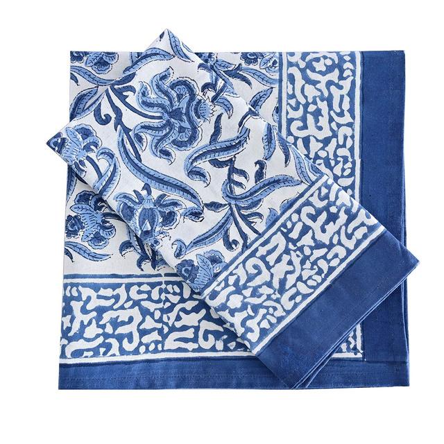ATOSII 'Midnight Bloom' Home Linen 100% Cotton Cloth Napkins - 20 x 20 inch (Blue) - Oversized Dinner Napkins - Set of 4 - Handmade Floral Indigo Block Print - Perfect for Gifting