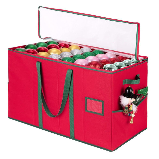 StorageWorks Christmas Ornament Storage Box, Fits 160 Holiday Ornaments 3-Inch, Christmas Ornament Storage Containers, Xmas Decoration Organizer with Adjustable Dividers, Red