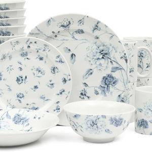 Martha Stewart Empress Bouquet 30 Piece Decorated Porcelain Chip and Scratch Resistant Dinnerware Plates and Bowls Set - Blue Floral