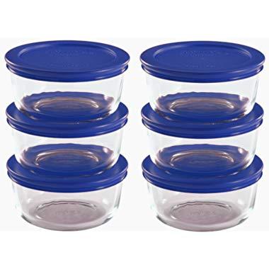 Pyrex Storage 2 Cup Round Dish, Clear with Blue Lid, Pack of 6 Containers,12-Piece