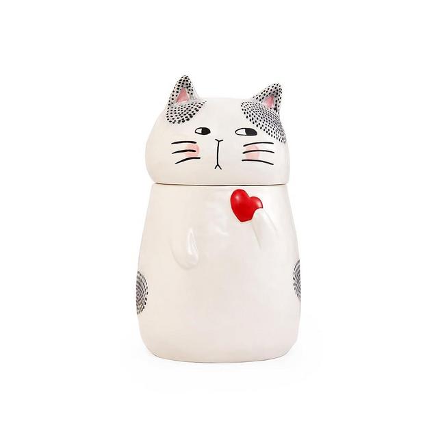 Bico Cartoon Cat Handpainted Stoneware Air Tight White 10.2 inch Cookie Jar, Dishwasher Safe, for storing Cookie, Candy, Coffee