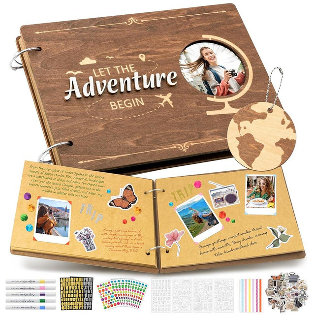 CY2SIDE Travel Photo Album Scrapbook - 111PCS Let The Adventure Begin Wooden Travel Scrapbook Craft Kit, Traveling Diary Photo Book DIY Handmade Souvenir Gifts for Adventure Lovers, Heartfelt Present